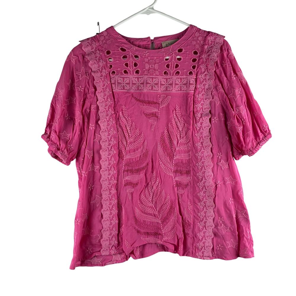 Philosophy Embroidered Blouse Womens Medium Peasant Puff Sleeve Eyelet Star Pink